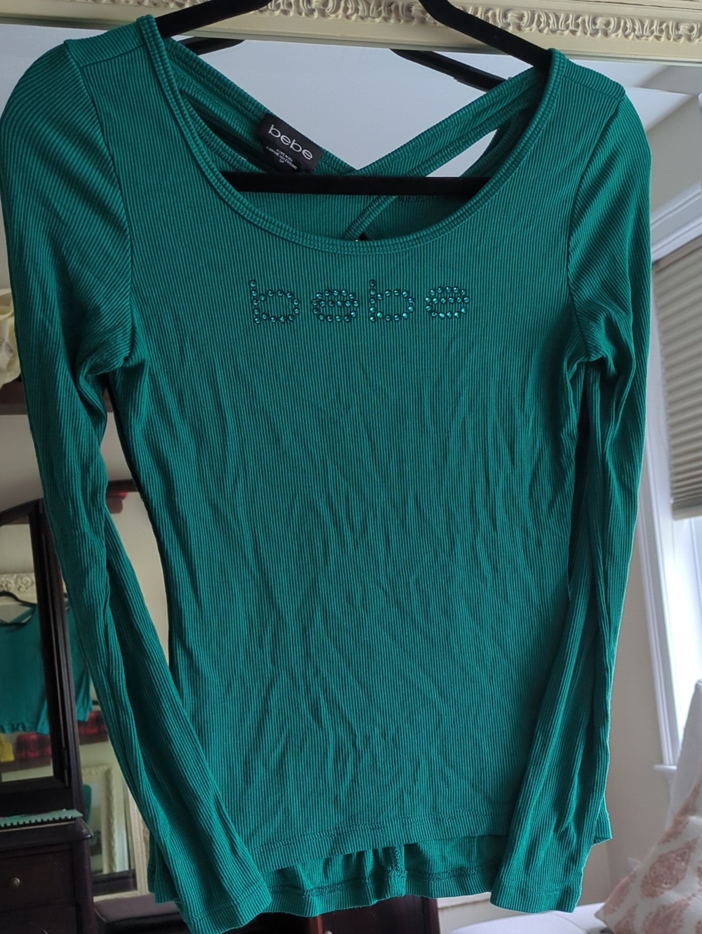 bebe Teal Ribbed Long Sleeve Top with Crystal Logo